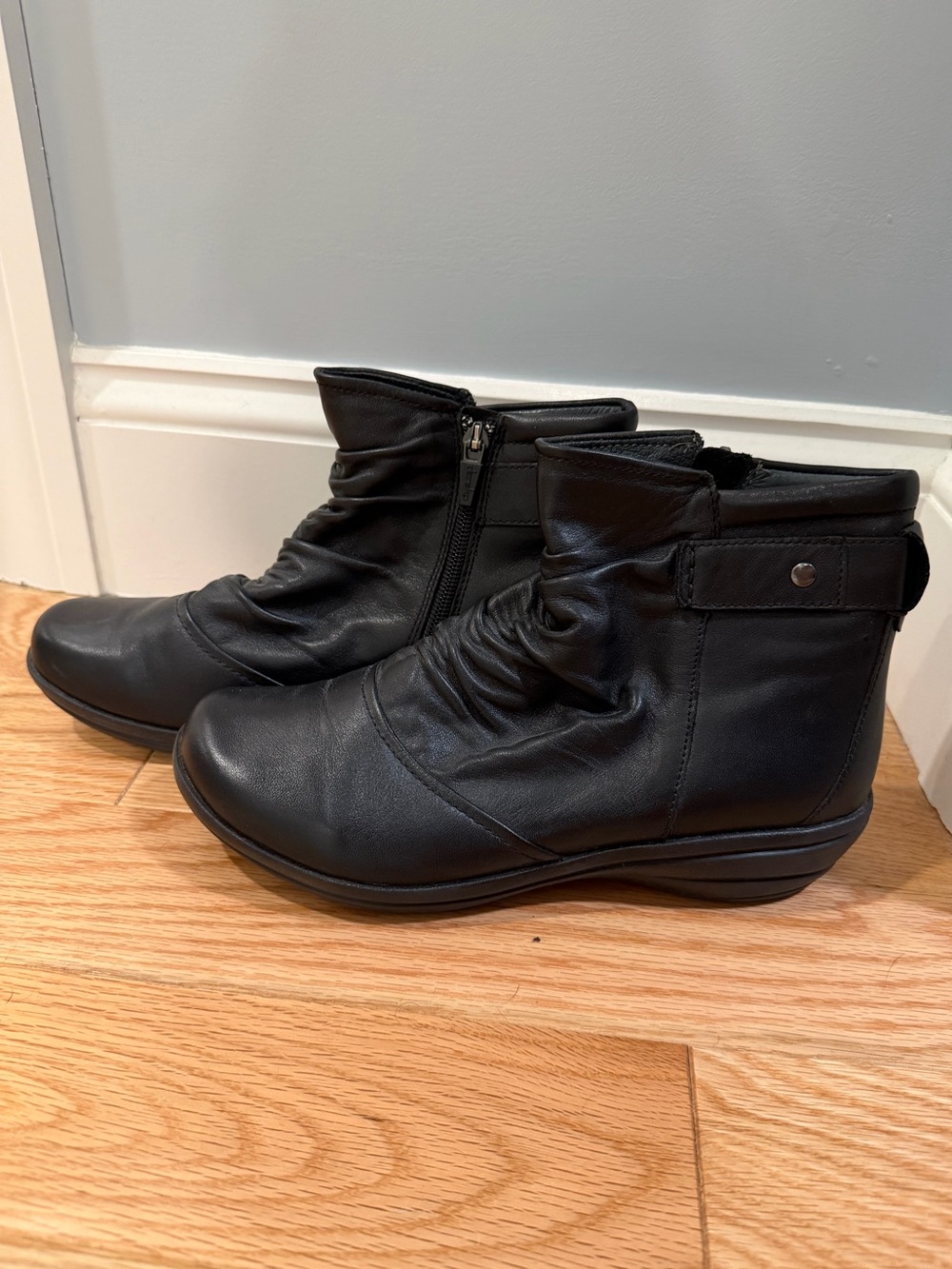 Women's Dansko Black Leather Ruched Ankle Booties with Side Zipper